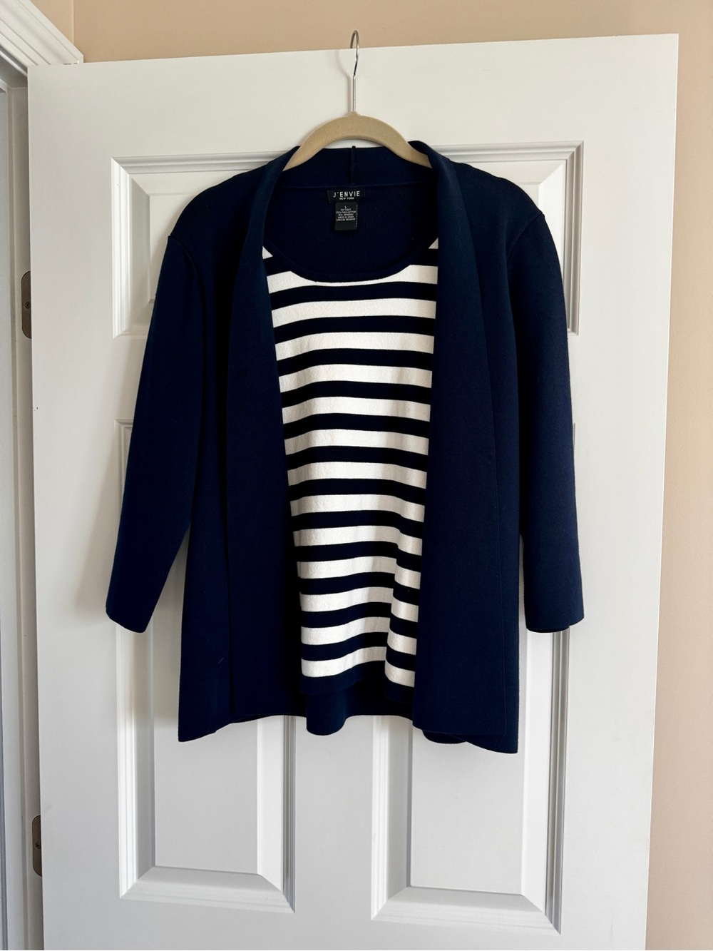 L'Envie Navy Open-Front Cardigan with Attached Striped Shell L